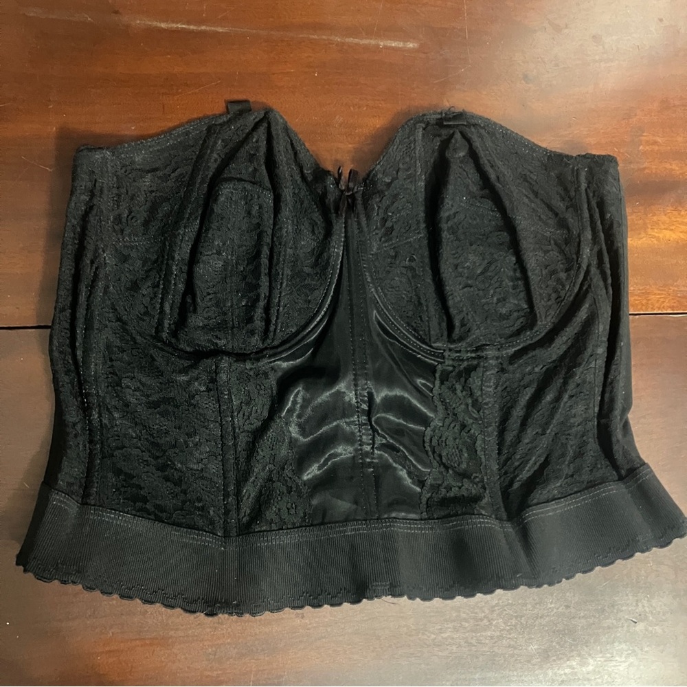 Vintage Sears Black Lace Longline Unlined Bra 42 C Strapless Bustier 70s-80s